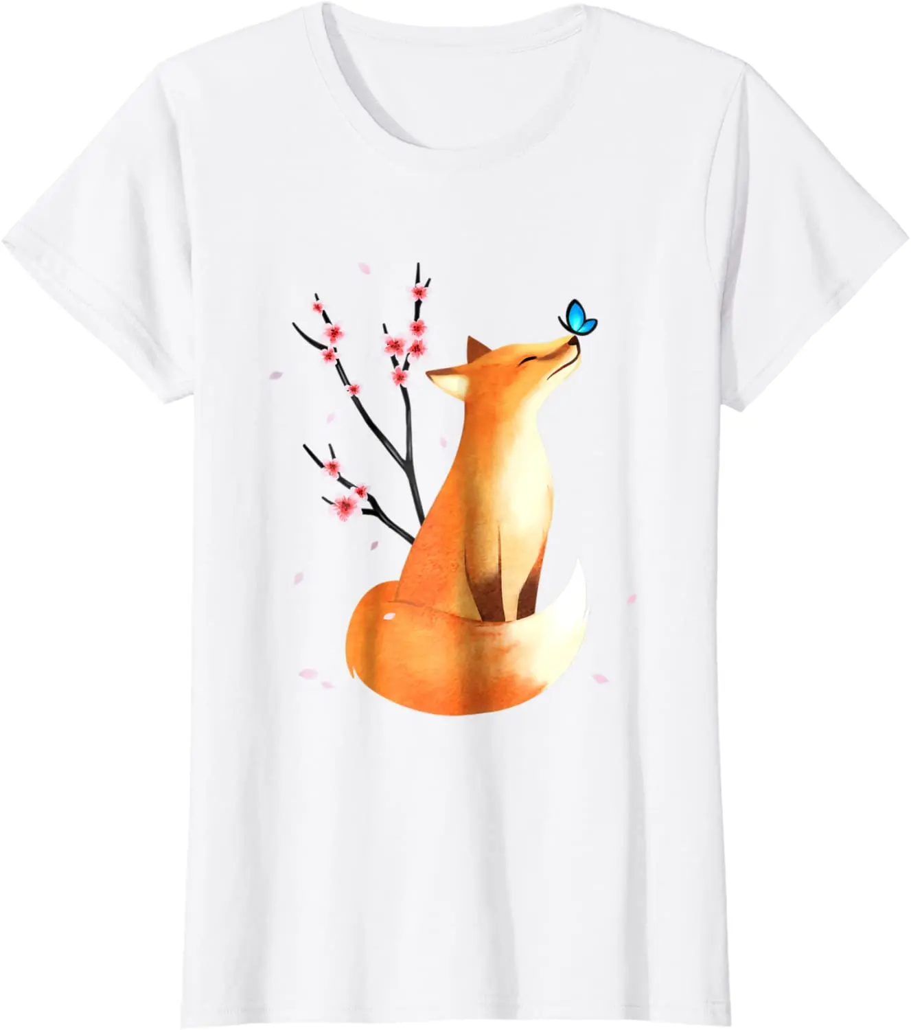 

2021 T Shirt Women Summer Tops T-shirt Tee Shirt Unisex Graphic Tees Fox Japanese Cherry Blossom Flower Vintage Gift T Shirt