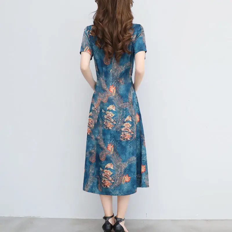

2021 New Women Summer Fashion Casual Dress Elegant Floral Print Plus M-5xl Size O-Neck Dresses Female Vintage Vestidos Q140