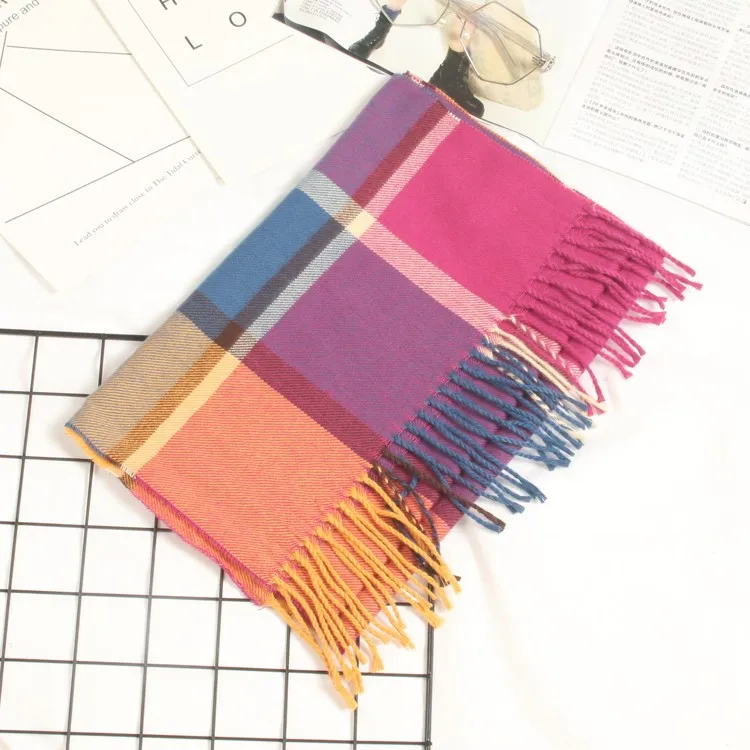 Осенне-зимний детский клетчатый шарф для мальчиков и девочек, теплый кашемировый шарф-сетка с кисточками, шейный платок для детей - Цвет: Bright plaid