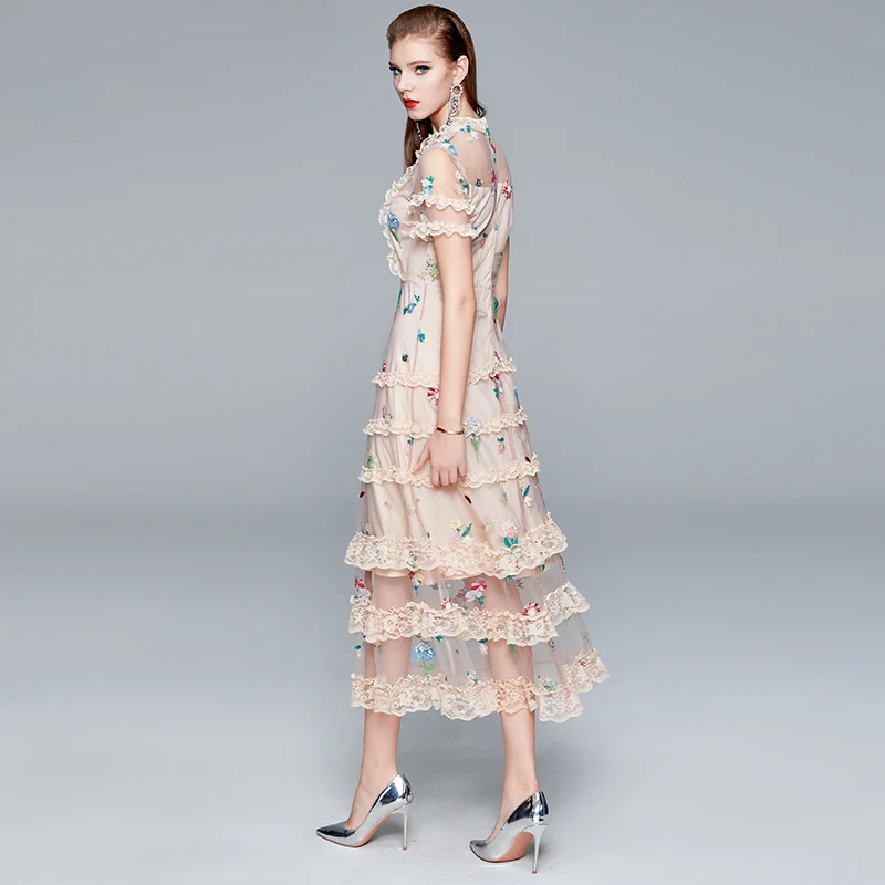 

FUCHAO Fashion Designer dress summer Women Dress short sleeve Mesh Embroidery Cascading Ruffle Elegant Vacation Slim Dresses