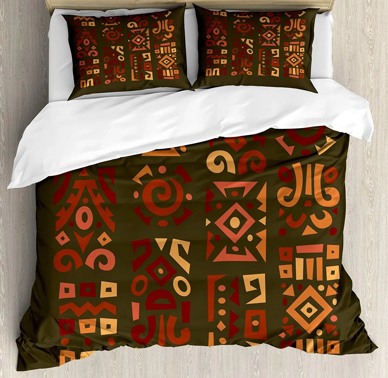 

Earth Tones Bedding Set Doodle Style Graphic African Figures in Four Vertical Borders Ethnic Accents Duvet Cover Pillowcase