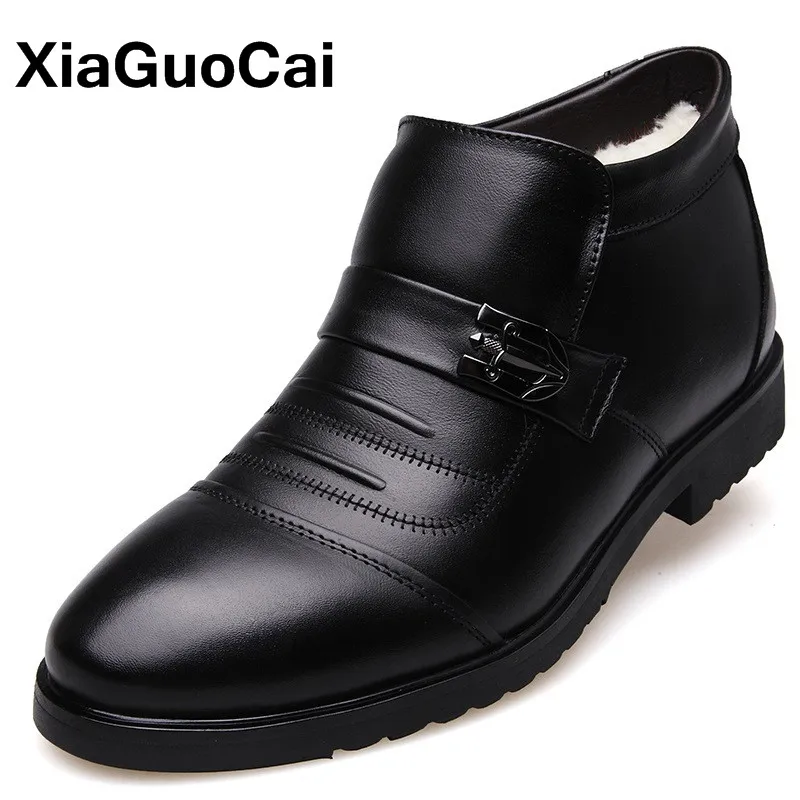 Высокие зимние мужские ботинки с мехом Теплые из натуральной кожи Деловая обувь