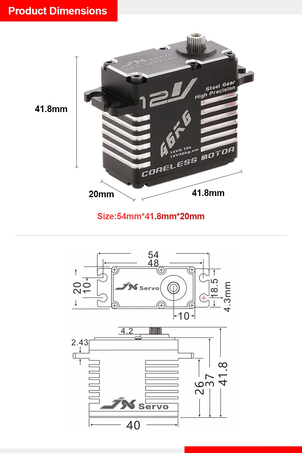 

JX Servo CLS-12V7346 180 46KG Large Torque Servo 12V High Voltage Metal Gear Servo for RC Crawler Car Plane Robot quadcopter