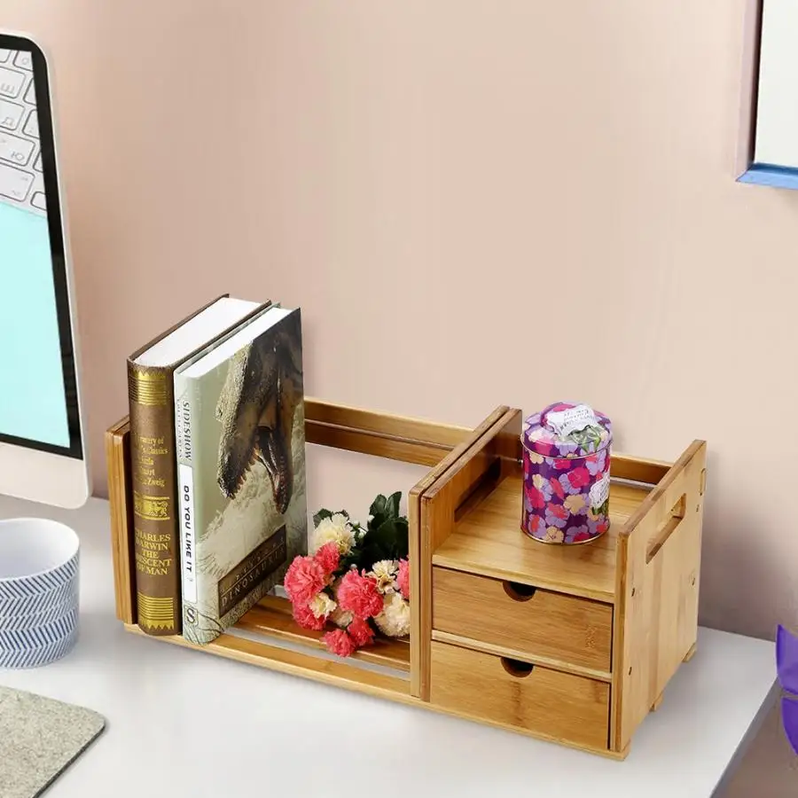 Bamboo Wood Extendable Desk Tabletop Book Rack Bookshelves Bookcase Organizer with 2 Drawer High Quality |