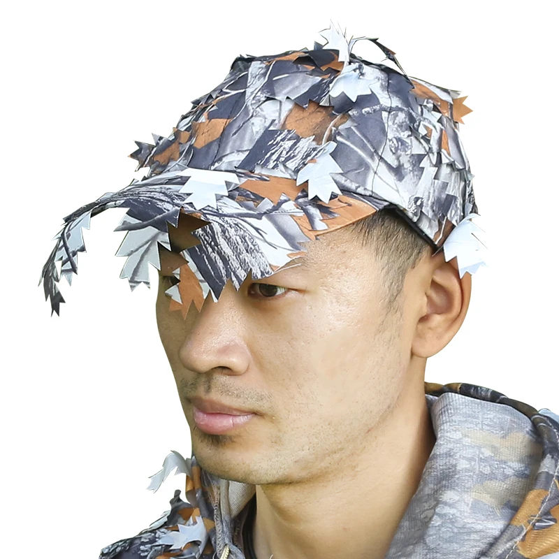 

White Camouflage Outdoor Tactical Military Cap with 3D Orange Bionic Leaf Army Camo Hunting Hat Sniper Hidden Jungle Cap