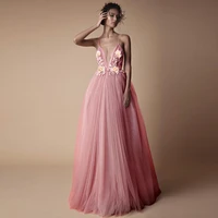 sexy tulle long formal dress 2020 new arrival backless court train flowers blush a line special occasion prom gowns custom made