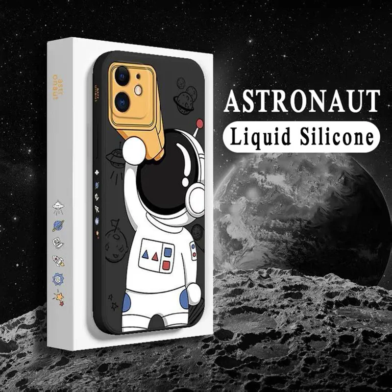 Luxury Space Astronaut Phone Case For iPhone 12 11 Pro Max Mini X XS XR 7 8 Plus SE 2 Slim Soft Liquid Silicone Protective Cover
