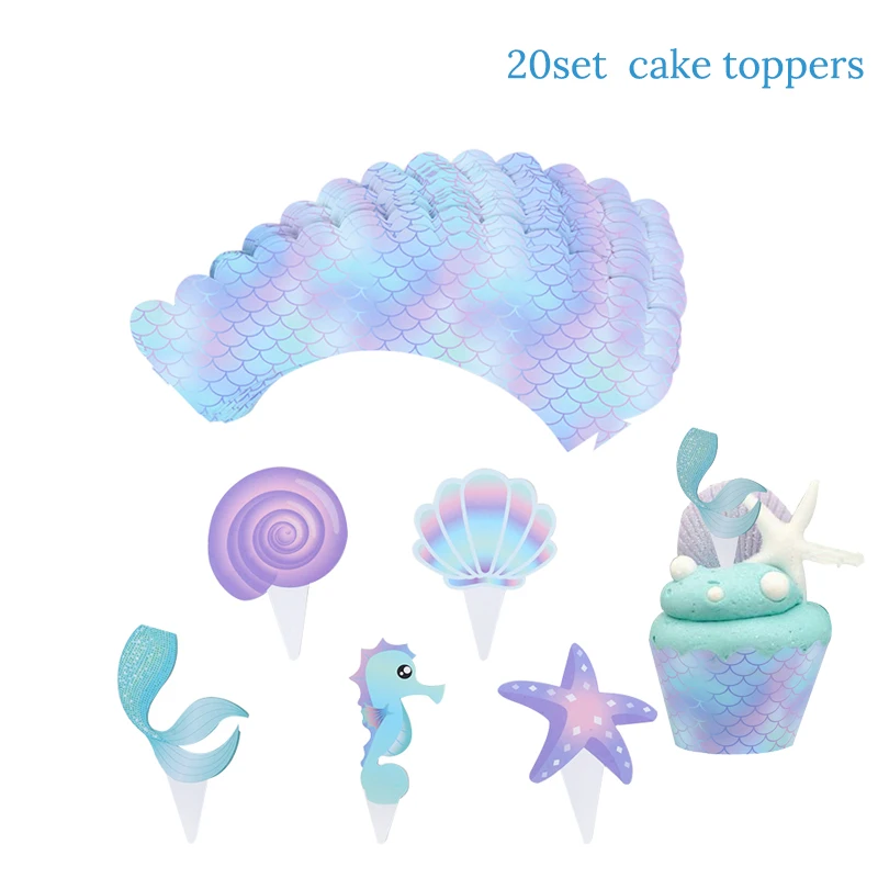 20set cake toppers Повязка на голову с короной для дня рождения Русалочки, блестящая шапка с хвостом морской звезды, повязка на голову для девочек на первый день рождения - Цвет: 20set cake toppers