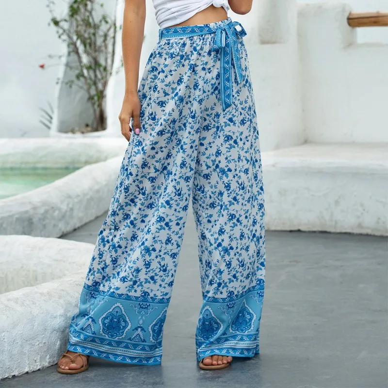 

2021 New Women Bohemian Floral Print Long Pants Mid Waist Vintage Pants Elastic Waist Boho Beach Trousers Plus Size