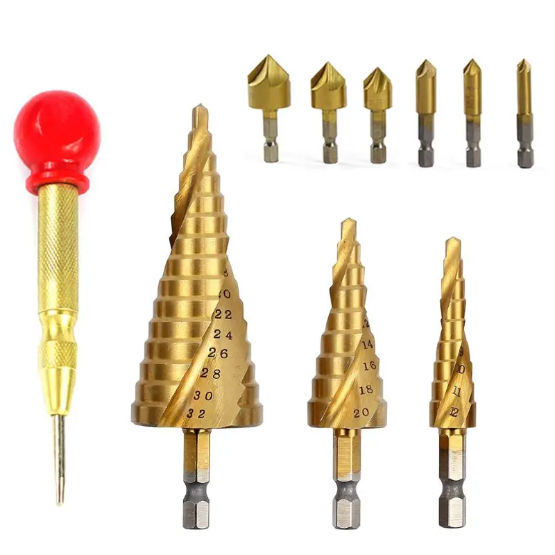 

Step Drill Bit Set Including 3PCS HSS Spiral Grooved Drills 4mm to 12mm/20mm/32mm and 6PCS 6.3-20.5mm 90 HSS Countersink Bits