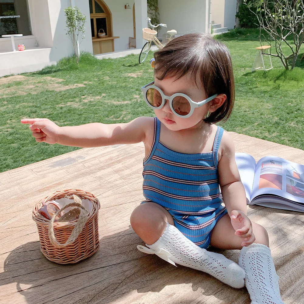 

0-2 Years Old Baby Romper Summer Girl Candy Color Striped One-Piece Girl Sling Triangle Climbing Clothes