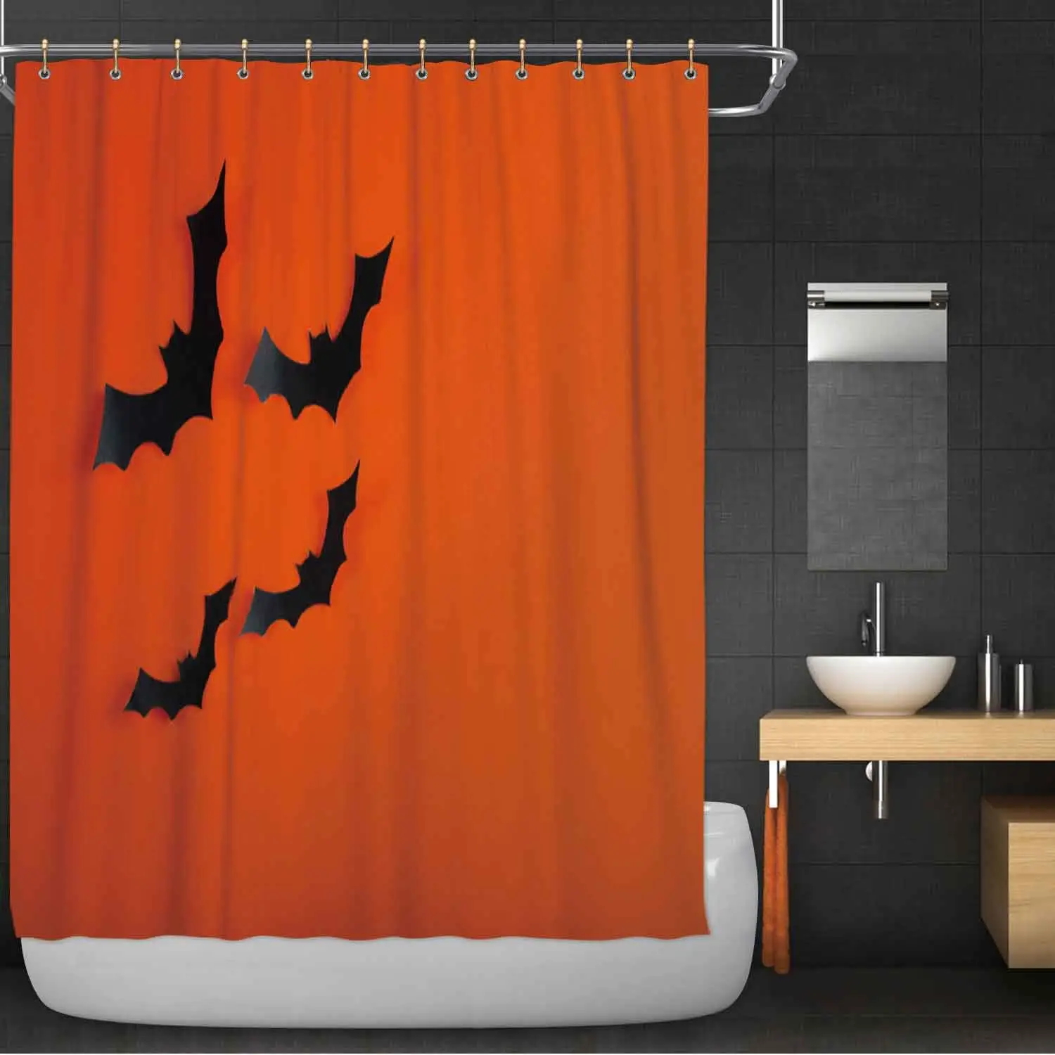 Тканевая занавеска для душа в форме четырех летучих мышей на оранжевом фоне с