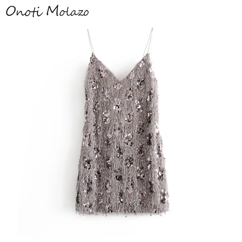 Женское платье-комбинация Onoti Molazo элегантное платье с блестками и мехом вечерние