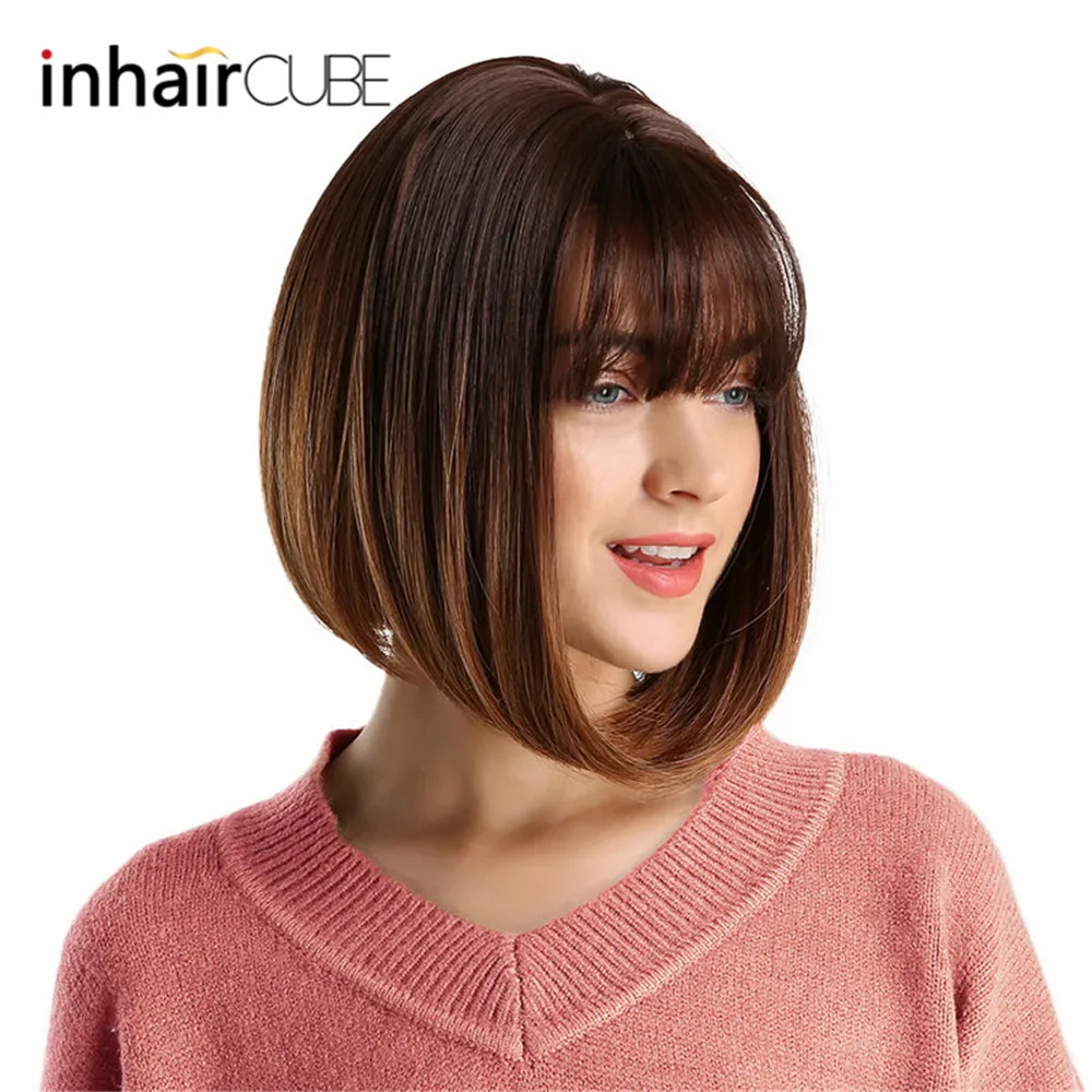 Inhair Cube 10 дюймов Боб Синтетический плоский челка для женщин парик омбре с выделкой короткие прямые волосы парик косплей прическа