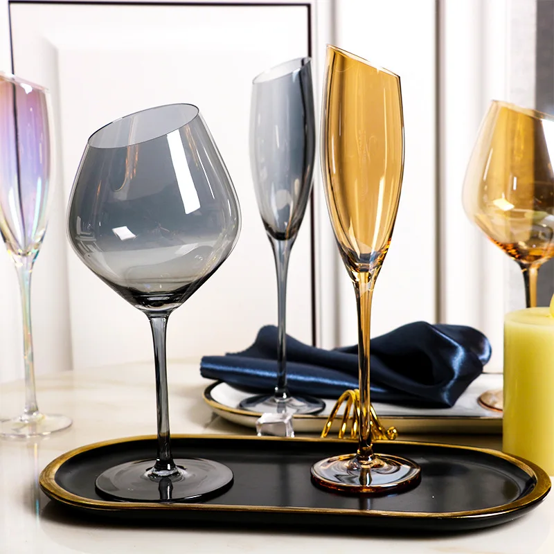 

Oblique cut wine set series household colorful ash amber red wine cup high foot Champagne Cup restaurant creative glass wine cup