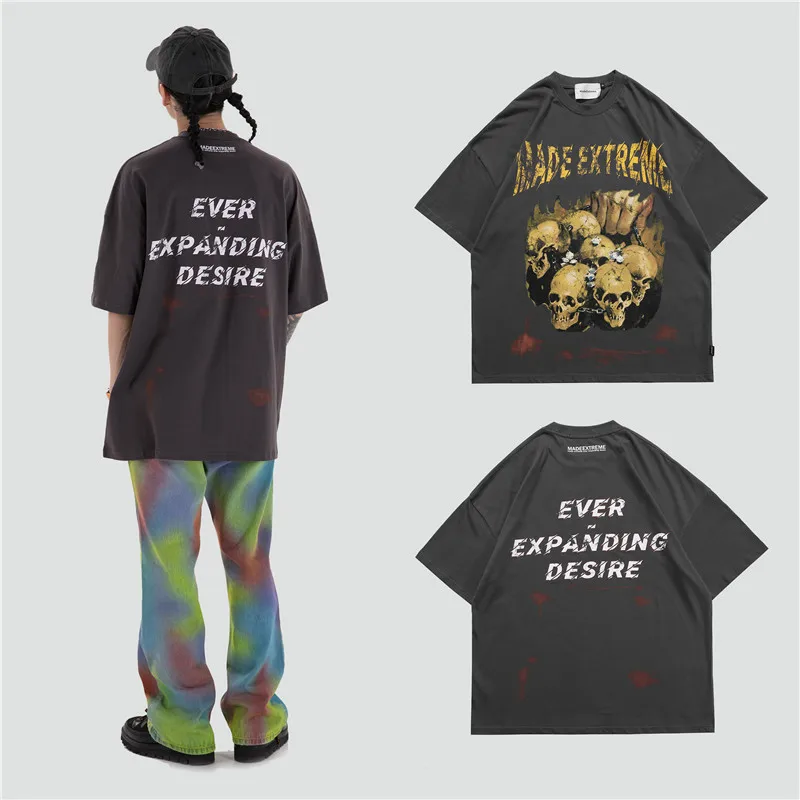 

Skull Printed T Shirt Men Cotton Short Sleeve Vintage Streetwear Hip Hop Gothic Fashion Couple Rock Oversized Casual Tops Tee