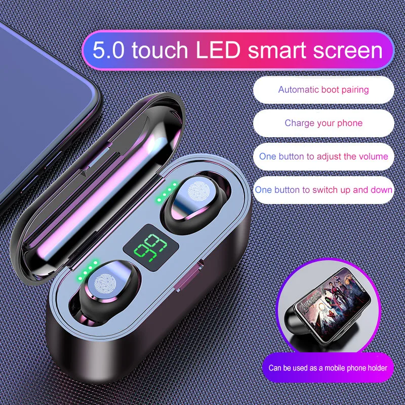 

TWS F9 Wireless Earphone Bluetooth v5.0 Mini Smart Touch Earbuds LED Display With 2000mAh Power Bank Headset and Mic earbuds
