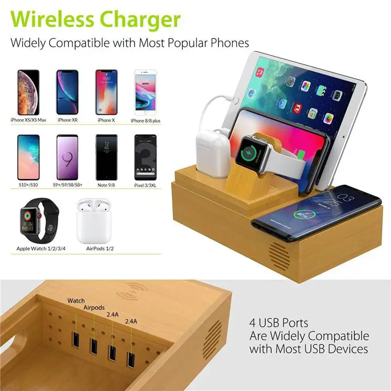 Bamboo 4 USB порта зарядная док станция настольный мобильный телефон подставка