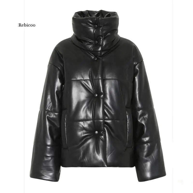 

Lokar High Imitation Leather Parkas Women Fashion Pu Leather Coats Women Elegant Solid Cotton Jackets Female Ladies