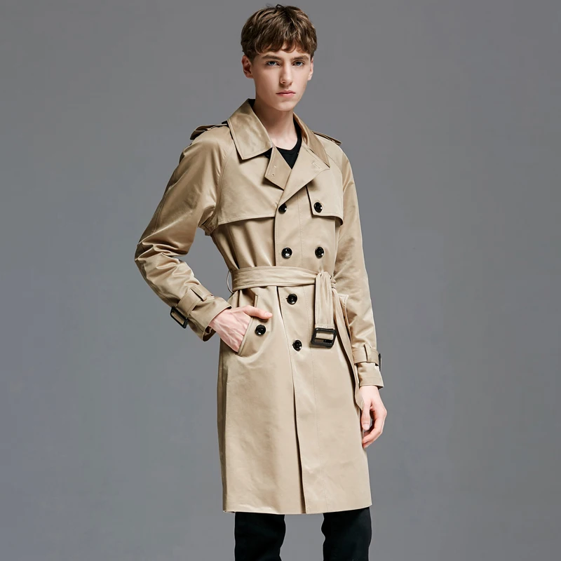 

New Khaki Long Style Mens Windbreaker Luxury Solid Double Breasted Mens Jackets Coats Plus Size 6xl Spring Autumn Men Trench