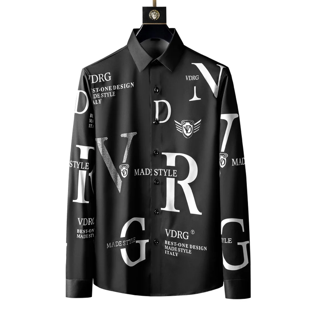 

New.Rhinestone Letter Shirts Men Long Sleeve Business Casual Shirt 2021 Spring Slim Streetwear Dress Social Nightclub Chemise Ho