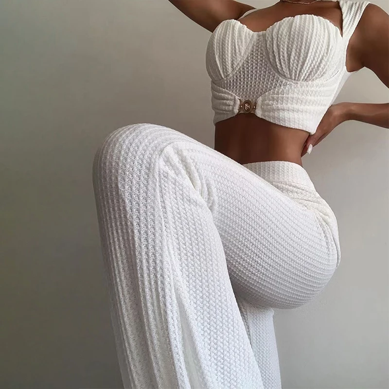 

Женский осенний костюм из двух предметов, красный/черный/белый цвет, блузка без рукавов и широкие брюки с высокой талией, Женский Повседневн...