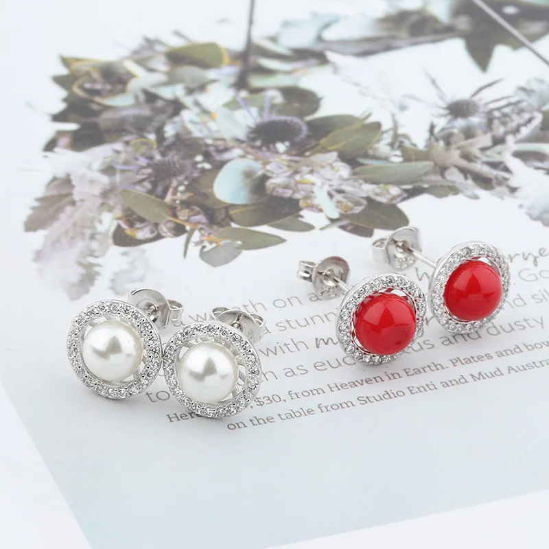 Серьги-гвоздики с красными белыми бусинами 925 пробы серебряные серьги для женщин