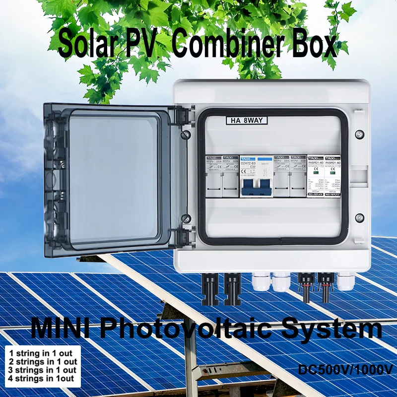 

Solar photovoltaic PV Combiner Box With Lightning Protection 2/1 input 1 out DC 500V / 1000V Fuse MCB SPD Waterproof Box IP65