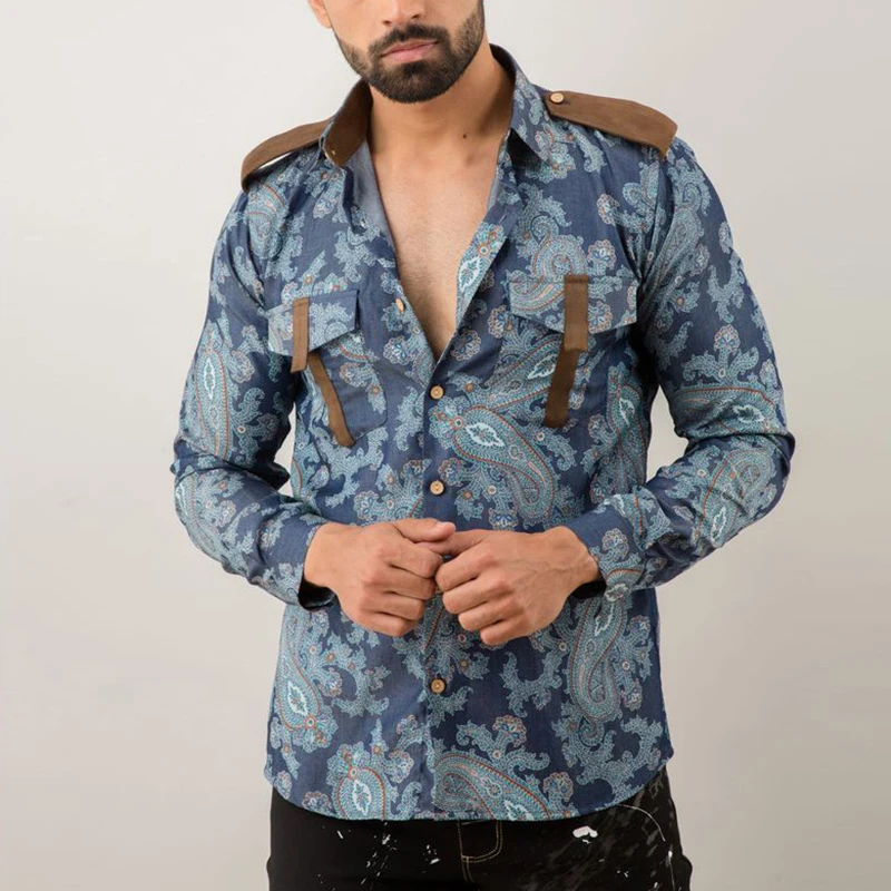 

Мужская Весенняя мода, пуговицы топ с отворотом, уличная одежда, осенняя винтажная рубашка с принтом, облегающая Мужская Повседневная рубаш...