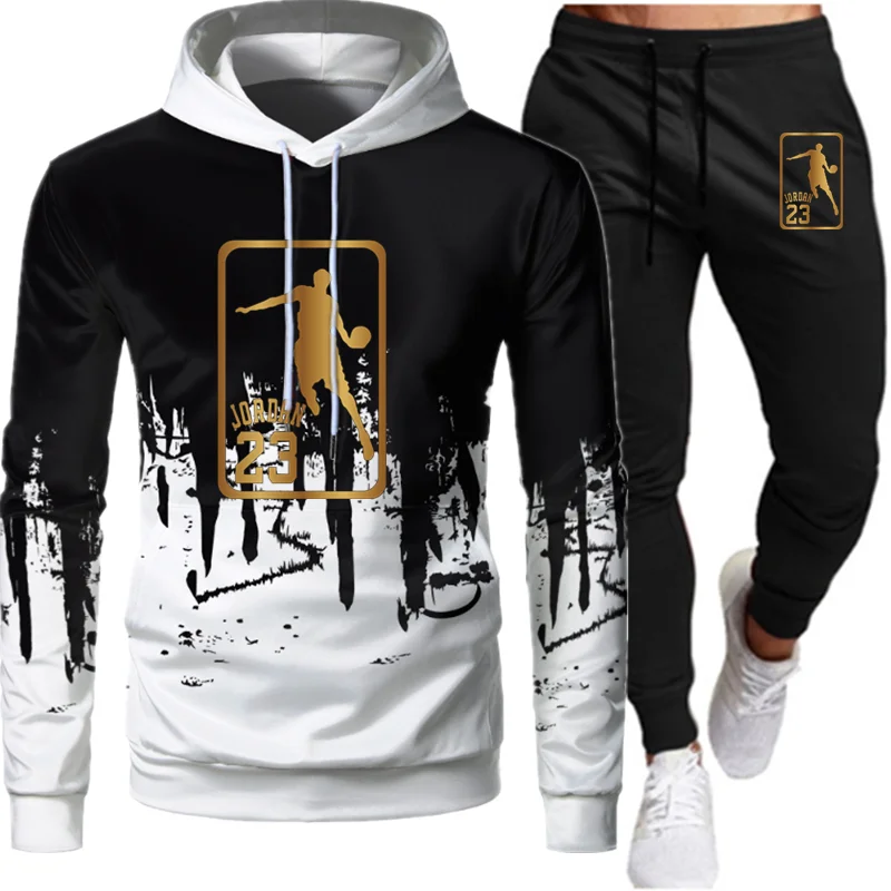 

White Black Men Hoodies Set Fashion 2020 Autumn Brand Casual Tracksuit Mens Set Sports Two Piece Patchwork Hoodie Pant Male Suit