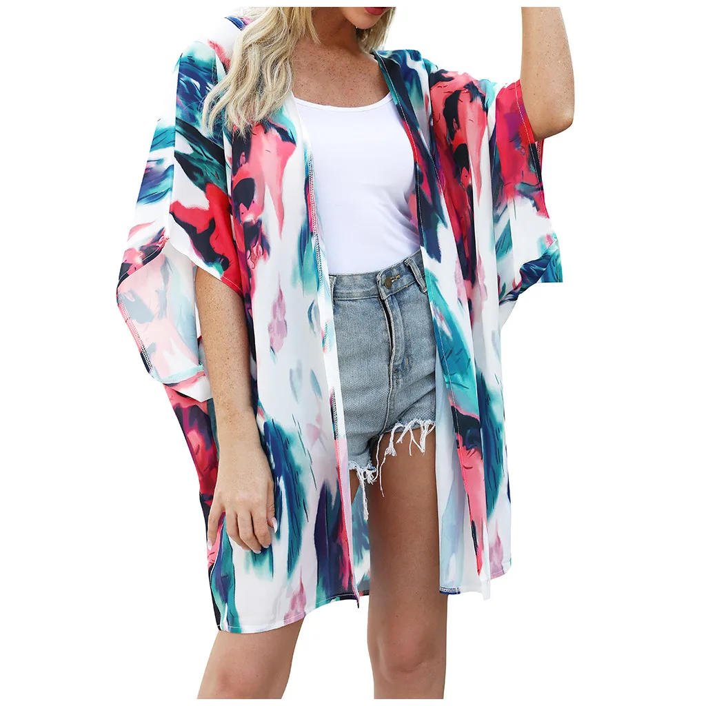 SAGACE Женские топы с пятью рукавами шифон галстук краска принт кимоно кардиган