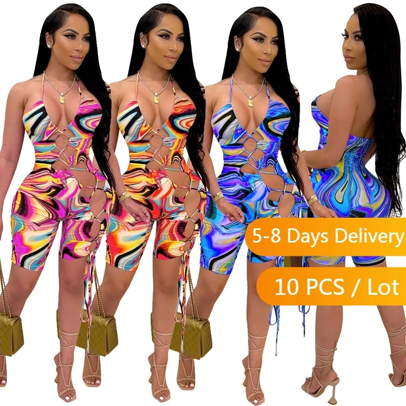 

Wholesale Clothes Hollow Out Sexy Jumpsuit Women Party Club Lace Up Rompers Playsuit Women Backless Printed Bodycon Jumpsuit