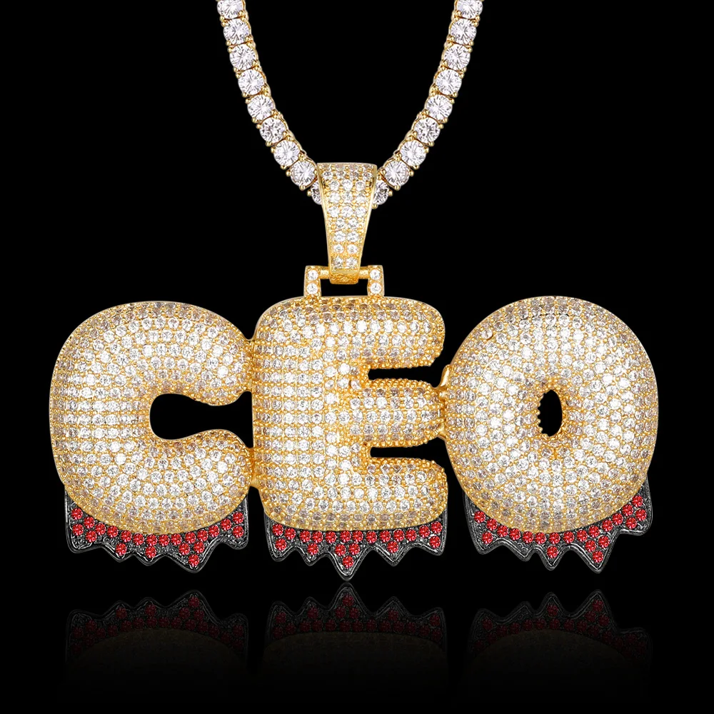 

Luxury Custom Name Drip Waterdrop Letter Red Zircon Pendant Necklace 100% Micro Pave CZ Hip Hop Iced Out Tennis Chain Jewelry