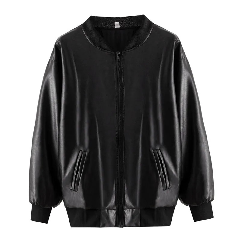 

2020 Autumn and Winter Korean Style New Leather Women's Short Style Long Sleeve Solid Color Loose Coat Zipper Motorcycle Jacket