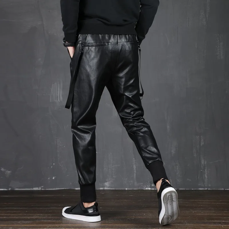 

2021 Autumn Mens Pu Leather Pants Harajuku Slim Fit Lace Up Elastic Casual Sweatpants Fashion Biker Trousers Men Pencil Pants