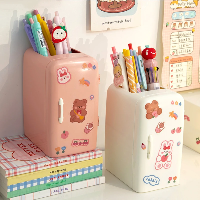 Pen Holder With Sticker Kawaii Plastic Creative Desk Organizer For Pens Makeup Brush Home Office Storage Box