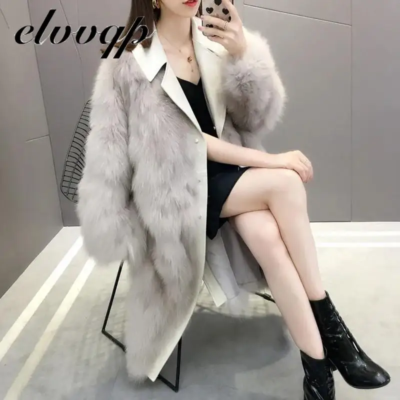 High Quality Elegant Luxury Faux Fox Fur Coat Leather Turn Down Collar Warm Club Party Long Fur Outerwear Jacket Women Winter