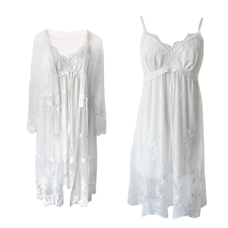 

New 2020 white lace fairy girl perspective double-layer cotton summer nightdress long robe nightgown two-piece suit large size
