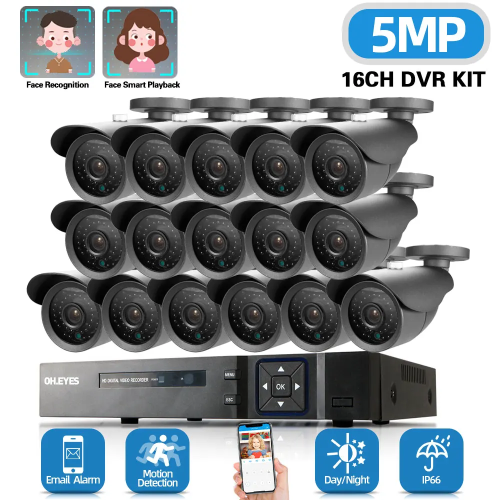 

H.265 Face Detection 8 Channel DVR Kit 5mp Outdoor Night Vision CCTV Camera Security System Kit 16CH DVR Video Surveillance Set
