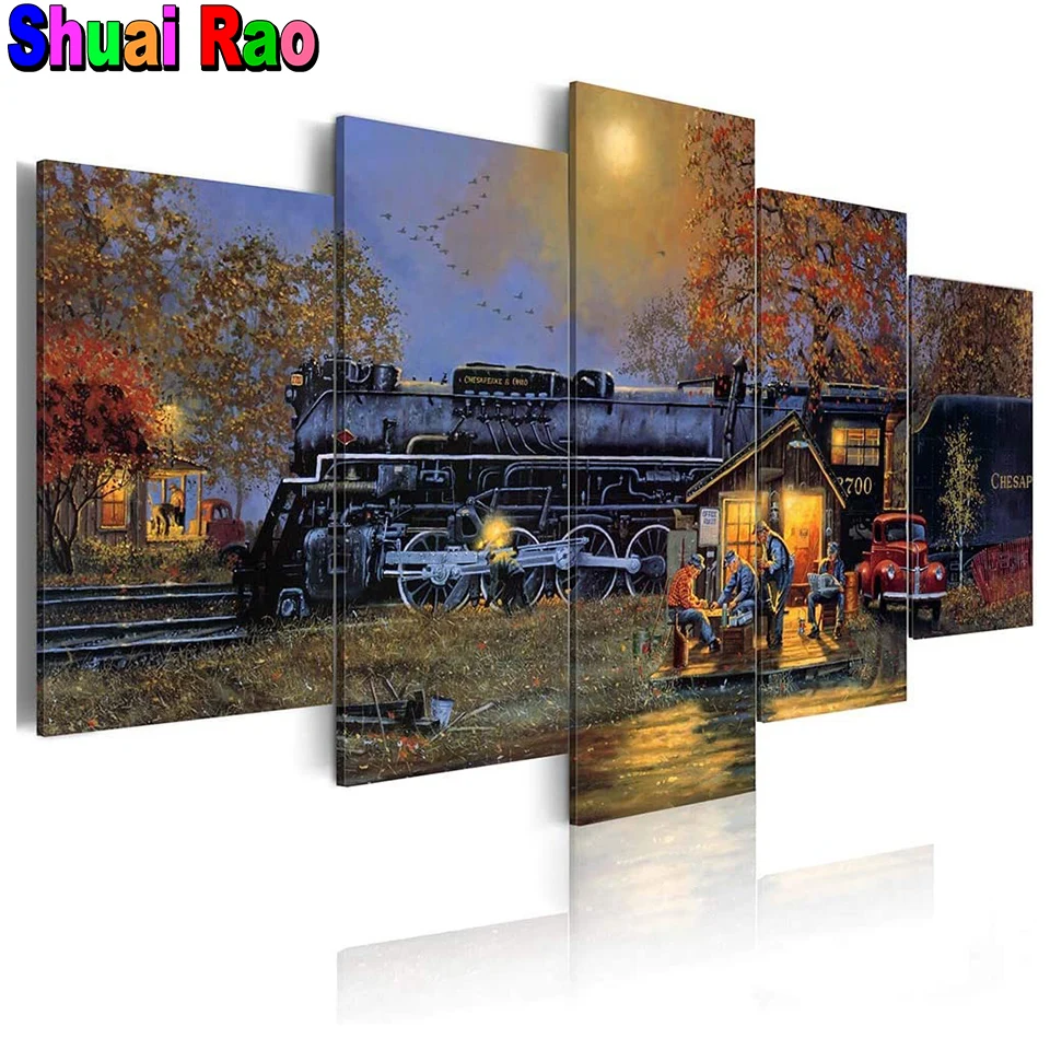 

DIY 5D Diamond Embroidery"Train Rural Area"Full Square Round Diamond Living room rhinestone Diamond painting cross stitch 5 Pcs