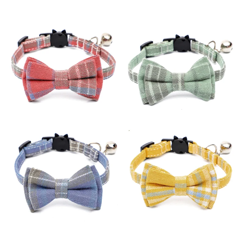 

Pets Plaid Cat Collar Safety Buckle Kitten Necklace Adjustable Puppy Chihuahua Bow Tie Cute Bowknot Cat Collars with Bell