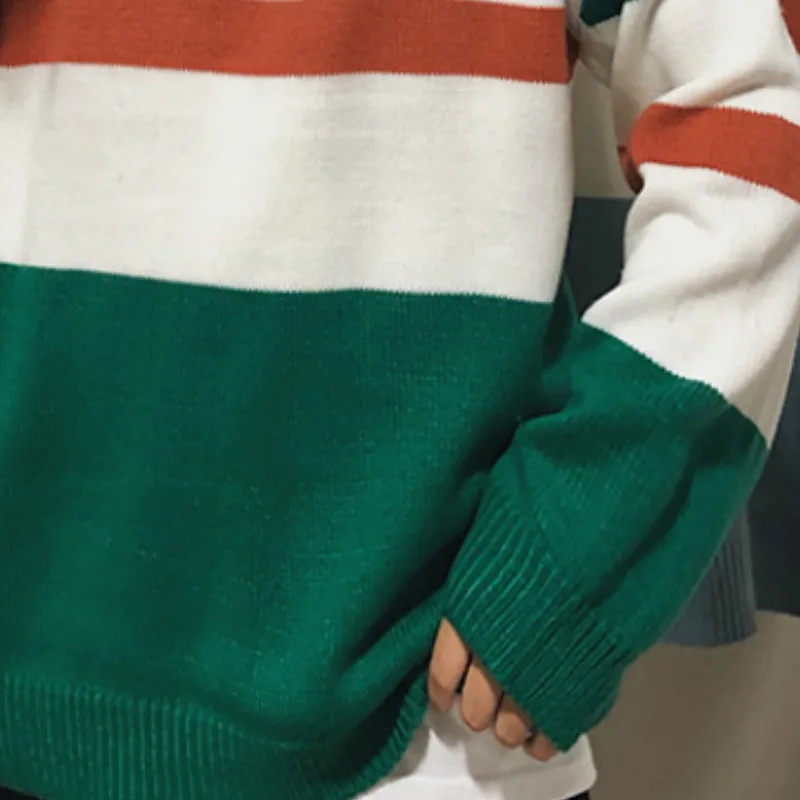

Men Pullovers Panelled Striped Knitted Sweaters Male All-match Loose Casual Retro Trendy Harajuku Warm Soft Students Ins Chic