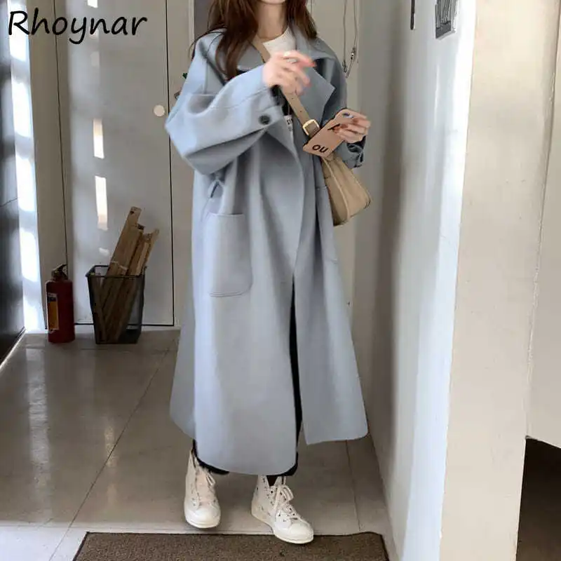 

Blend Women Winter Warm New Mid-calf Big Pockets 4Colors Fashion Students Cozy Coats Bandage Outwear Loose Solid Harajuku Simple