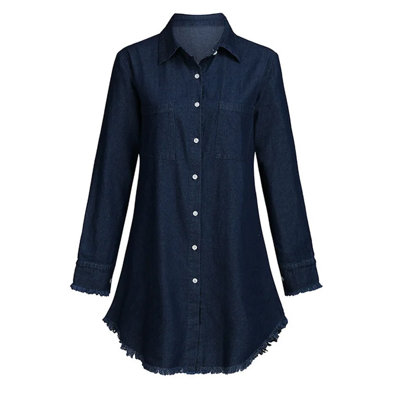

NDUCJSI Woman Jeans ShirtsTops Denim Shirt Large Women Pockets Button Vintage Blue Long Loose Black