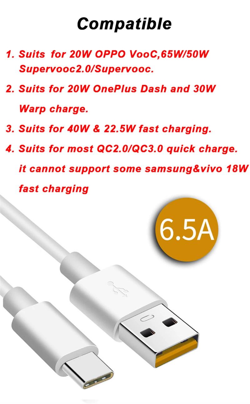 

6.5A SUPERVOOC Fast Charging Type-C Cable For OPPO Find X2 Pro Reno 4 Ace Realme X50 Pro RX17 OnePlus Nord 8 Pro 8T 7 Pro 7T 6T