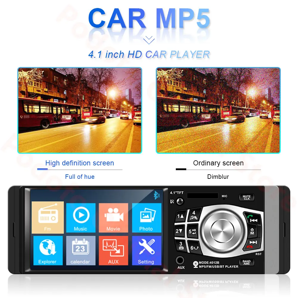 Podofo 1 Din автомагнитола 4,1 ''HD Автомобильный мультимедийный плеер MP3 MP5 Аудио стерео радио Bluetooth FM пульт дистанционного управления видео плеер