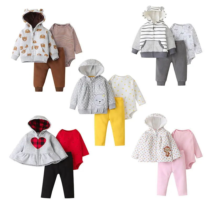 

Fashion Hooded Baby Boy Girl Clothes Rompers Set Winter Long Sleeve Infant Jumpsuit Toddler Cotton Baby Fall 3Pcs Outfits