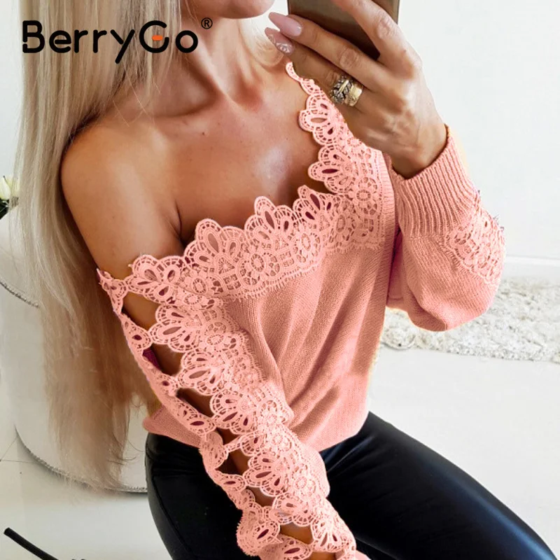 BerryGo сексуальные женские свитера с открытыми плечами повседневные розовые