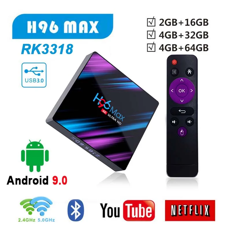 H96 MAX Smart TV Box Android  9.0 RK3318 Box 4g 32g Wireless IPTV Box 4K USB Set Top Box WiFi 5G For Netflix Youtube Google Play
