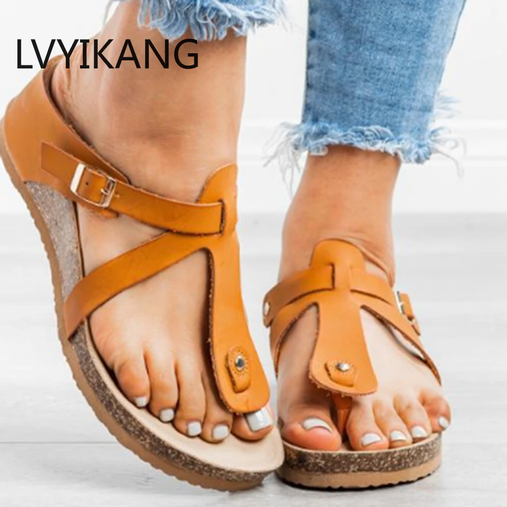 

Summer Women Flat Sandals 2020 Solid Buckle Ladies Slides Comfortable Home Beach Slip On Shoes Plus Female Slippers